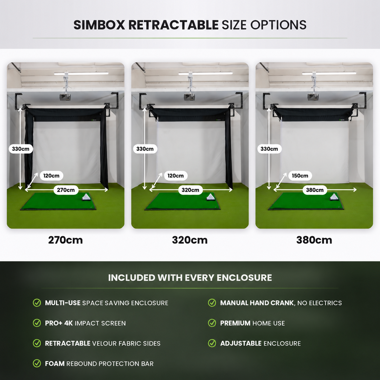 Golfbays Retractable Simbox Golf Simulator Enclosure - W 2.6m x H 3m x D 1.2m